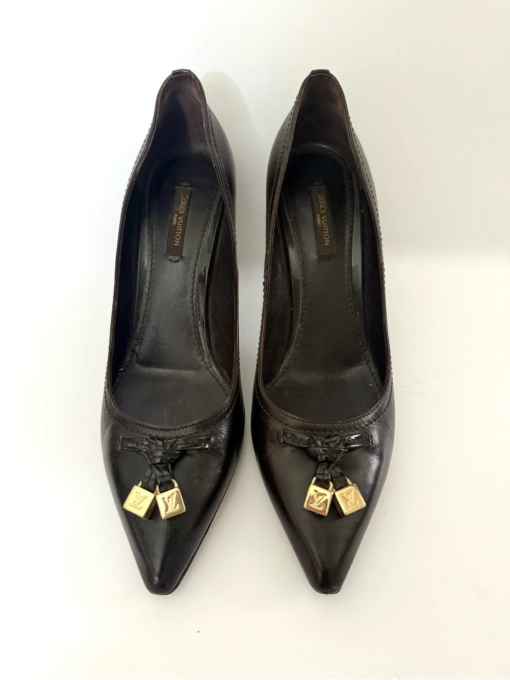 Louis Vuitton Dice Pumps Leather Brown Pointed Toe Heels Size 38.5
